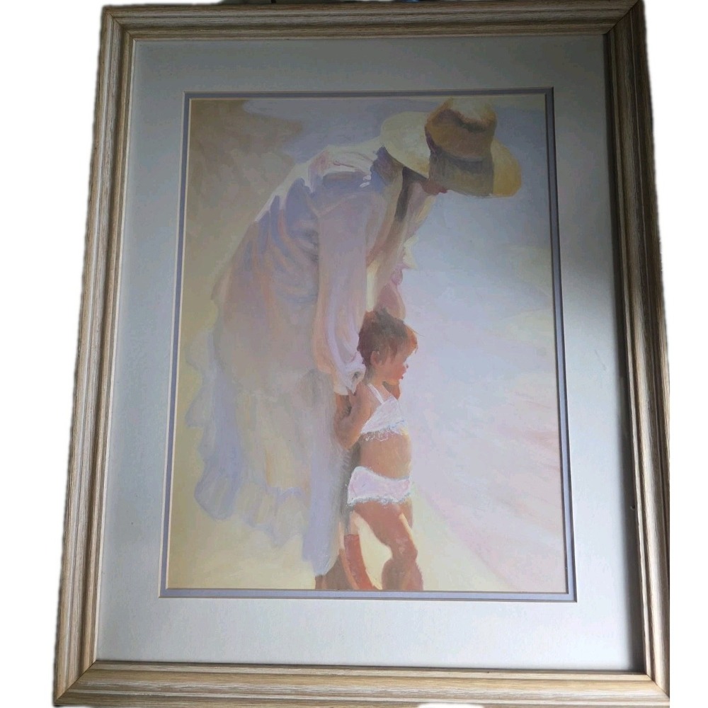 🎨 Vintage Mother & Child Framed Coastal Art Print Altered Mixed Media GUC